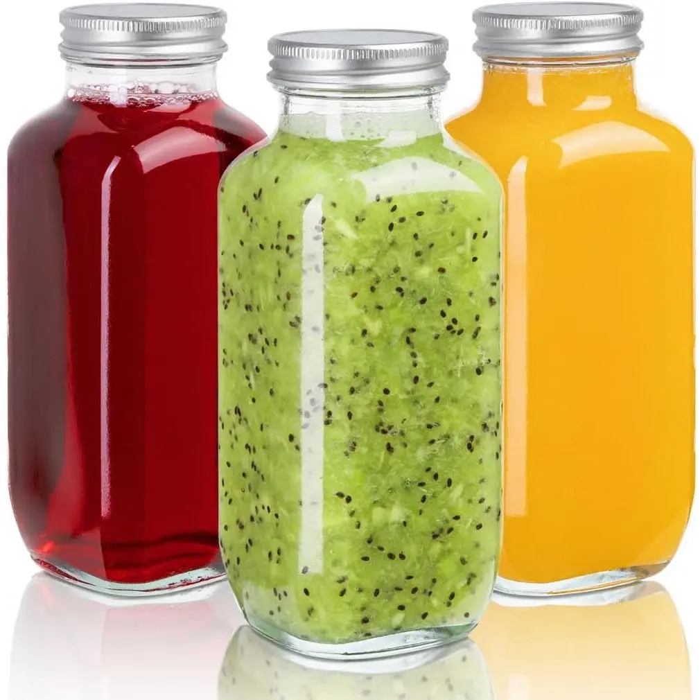 Juice Bottles with , 16 Oz, Set of 3 | Clear Glass Jars with Caps,  Empty Drink Containers, For Juicing, Smoothies, Water, Milk, Kombucha Storage