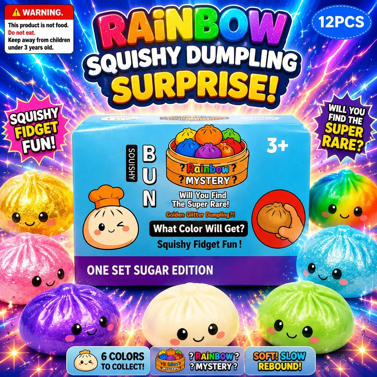 Limited Rare Mystery Blind Box with Sparkly Dumpling Baozi Squishies, Creative Slow Rebound Squeeze Fidget Gadget to Ease Tension, Holiday Exchange Novelty Souvenir Minimalist Table Calming Decoration