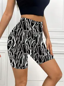 Fashion Simple Print Elastic Short Pants, High Waist Butt Lifter Tight Sports Yoga Shorts, Casual Wearable Bottoms for All Seasons