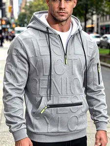 Men's Fall Winter Letter Print Half-Zip Sweatshirt, Multi-Pocket Warm Casual Pullover, Wind-Resistant Sportswear for Outdoor Activities