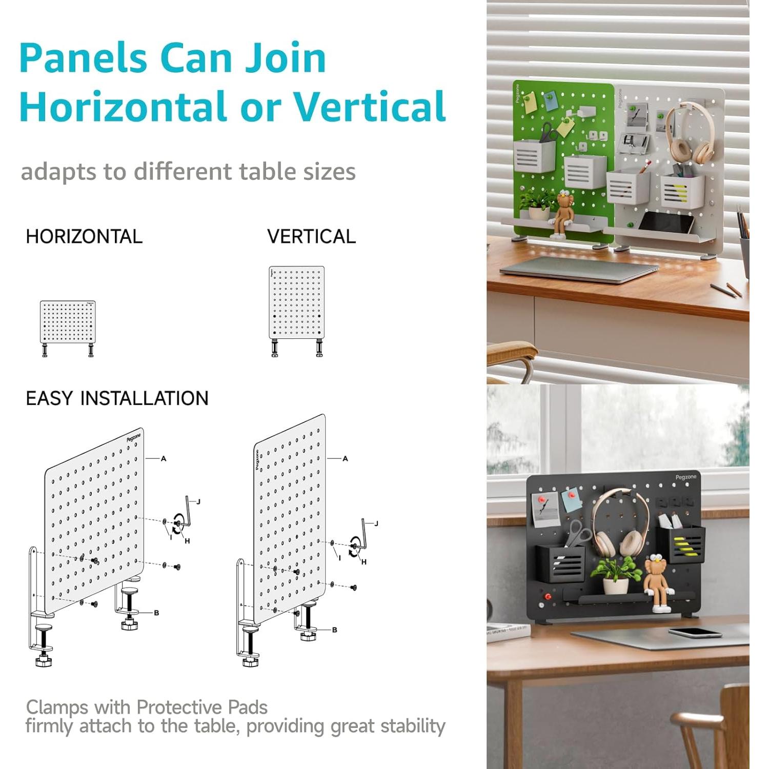 Clamp- Desk Pegboard, Desk Organizer for Office Gaming ,  Metal Peg Board with 10 Accessories,  Panel for Office, 16.5" x 12.6", Medium, Black