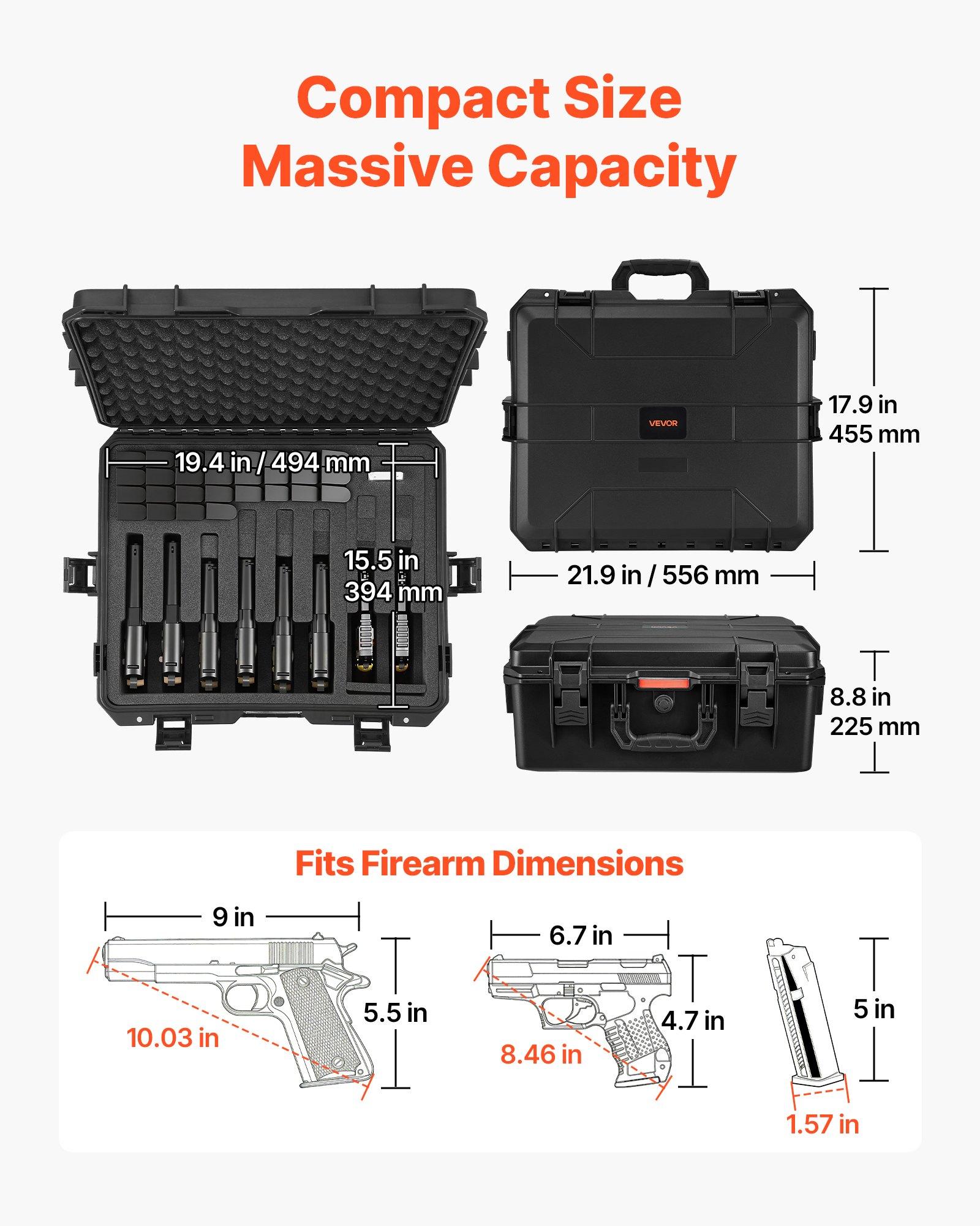 VEVOR Hard Pistol Case, Heavy Duty Hard Gun Case with XPE Foam Lining, Waterproof Pistol Storage Box with Customizable Interior & Handle for Gun, Lenses, Camera, Gear, TSA Compliant, 21.9x17.9x8.8 in