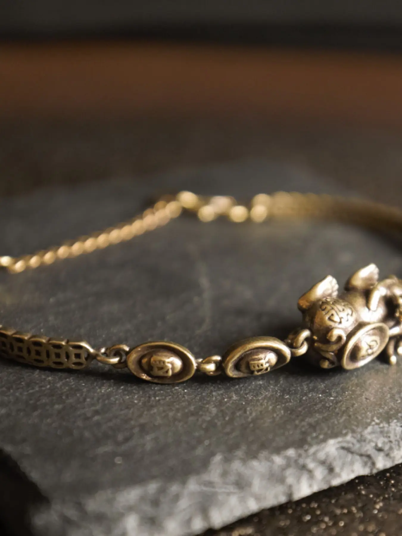Elegant Double Pixiu Bracelet, Vintage Brass Oval Link Chain, Delicate Rustic Jewelry, Chinese Lucky Charm, Daily Boho Wear, Bohemian Bracelet