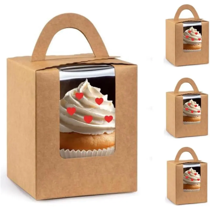 Cupcake Boxes,30pcs Single Cupcake Boxes Individual Cupcake Pastry Containers,Single Cupcake Carrier with Window Insert and Handle for Wedding Birthday Party   Packaging Boxes (Brown)
