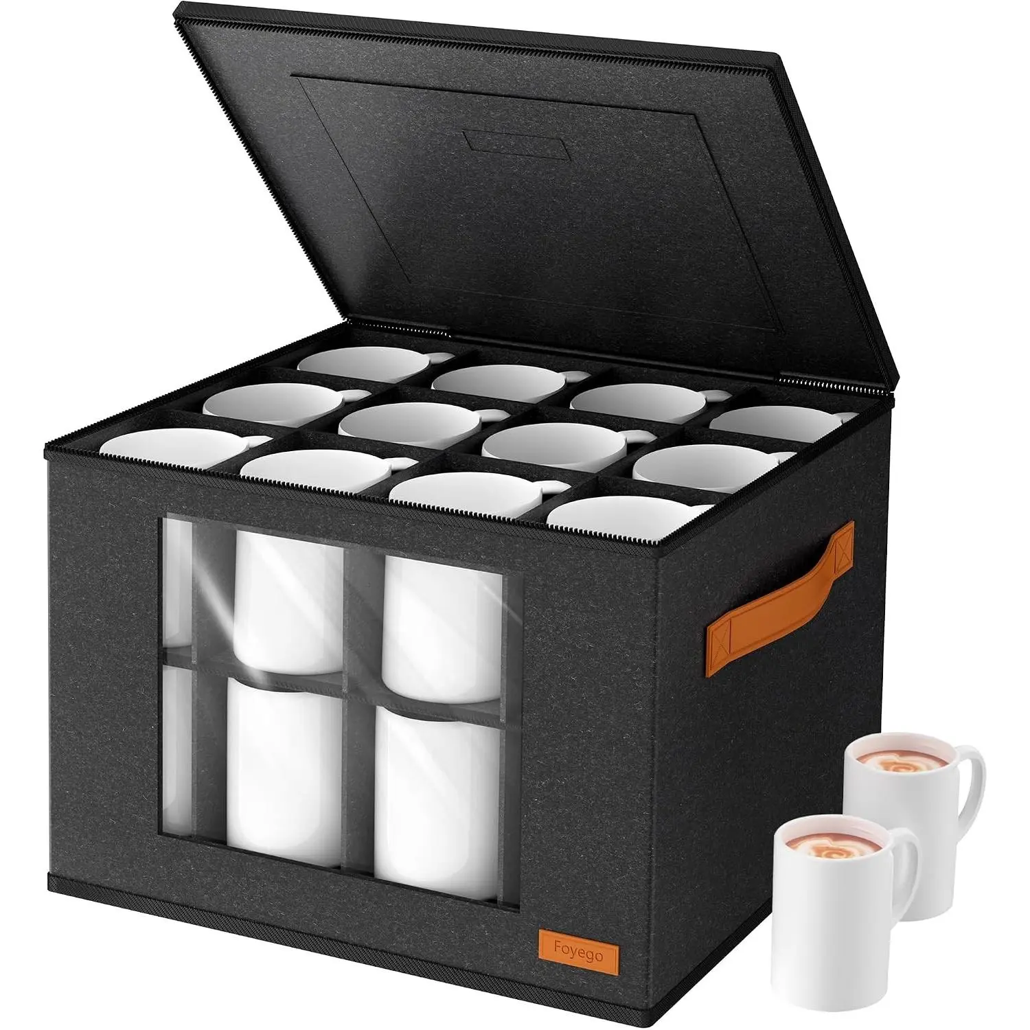 2-Layer Coffee Mug Storage Box with Dividers, Cup and Mug Storage Organizer with Zipper Lid and Handles, Stackable Cup Organizer for 24 Coffee Mugs, Cups and Glasses, Dark Grey
