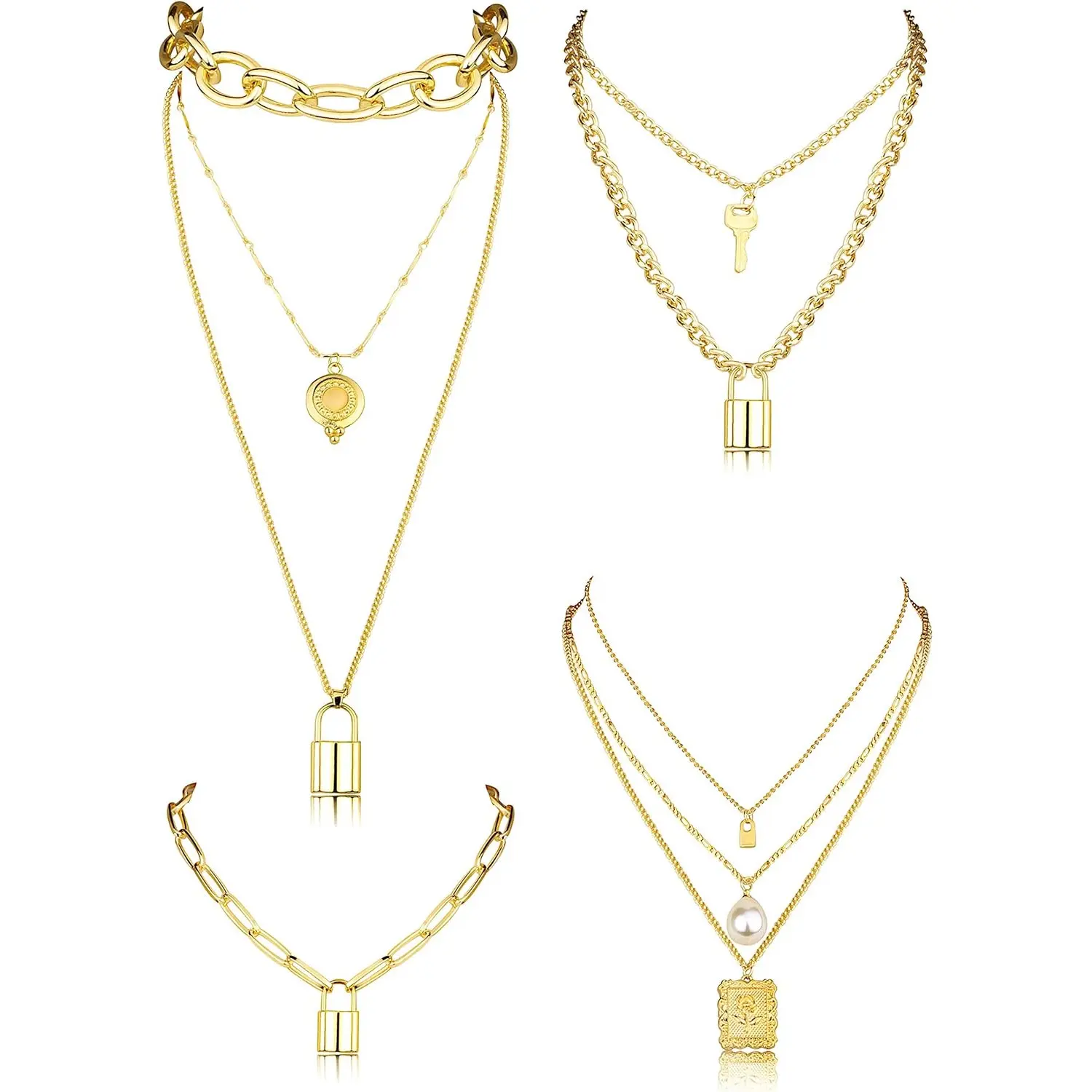 4Pcs Punk Multi-Layer Gold Statement Necklaces, Long Layering Chain with Key Pearl Heart Pendant, Unisex Jewelry for Women Men