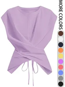 2026 Summer New Arrival Top, Unique Slimming Cross Tie Short Sleeve Shirt, Versatile Hem Design, European and American Style Clothing