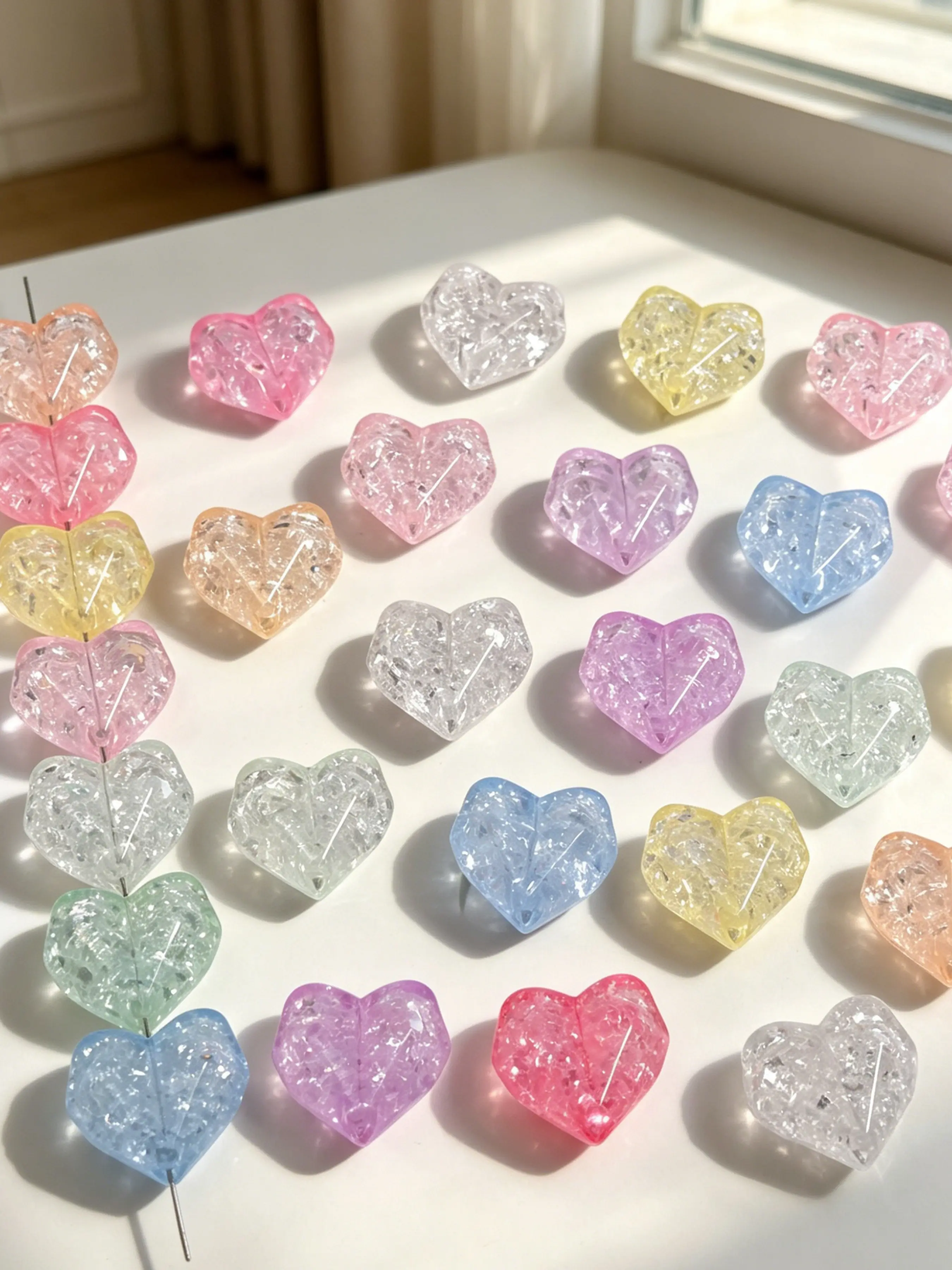 25Pcs Candy Color Acrylic Crackle Heart Beads! Transparent Faceted Crushed-Glitter Heart Charms – Double-Hole Shaped Multi-Faceted Loose Beads for DIY Earrings, Necklaces, Bracelets, Keychains & Phone Straps – Perfect Gift for Women & Girls