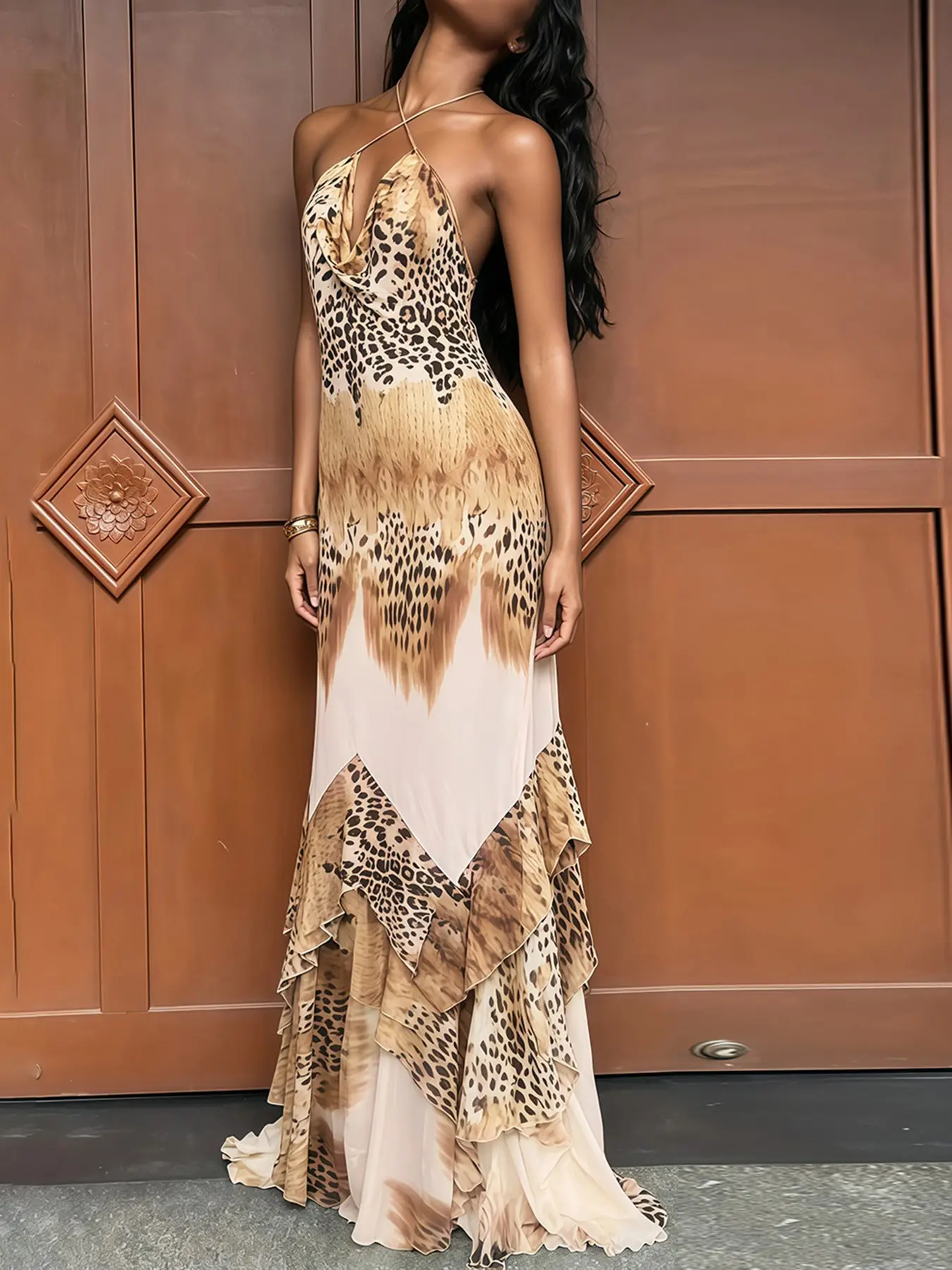 2026 New Women's Fashion Cross Halter Print Sexy Slim Fit Long Dress, Leopard Pattern, All Seasons, Unlined, China Made