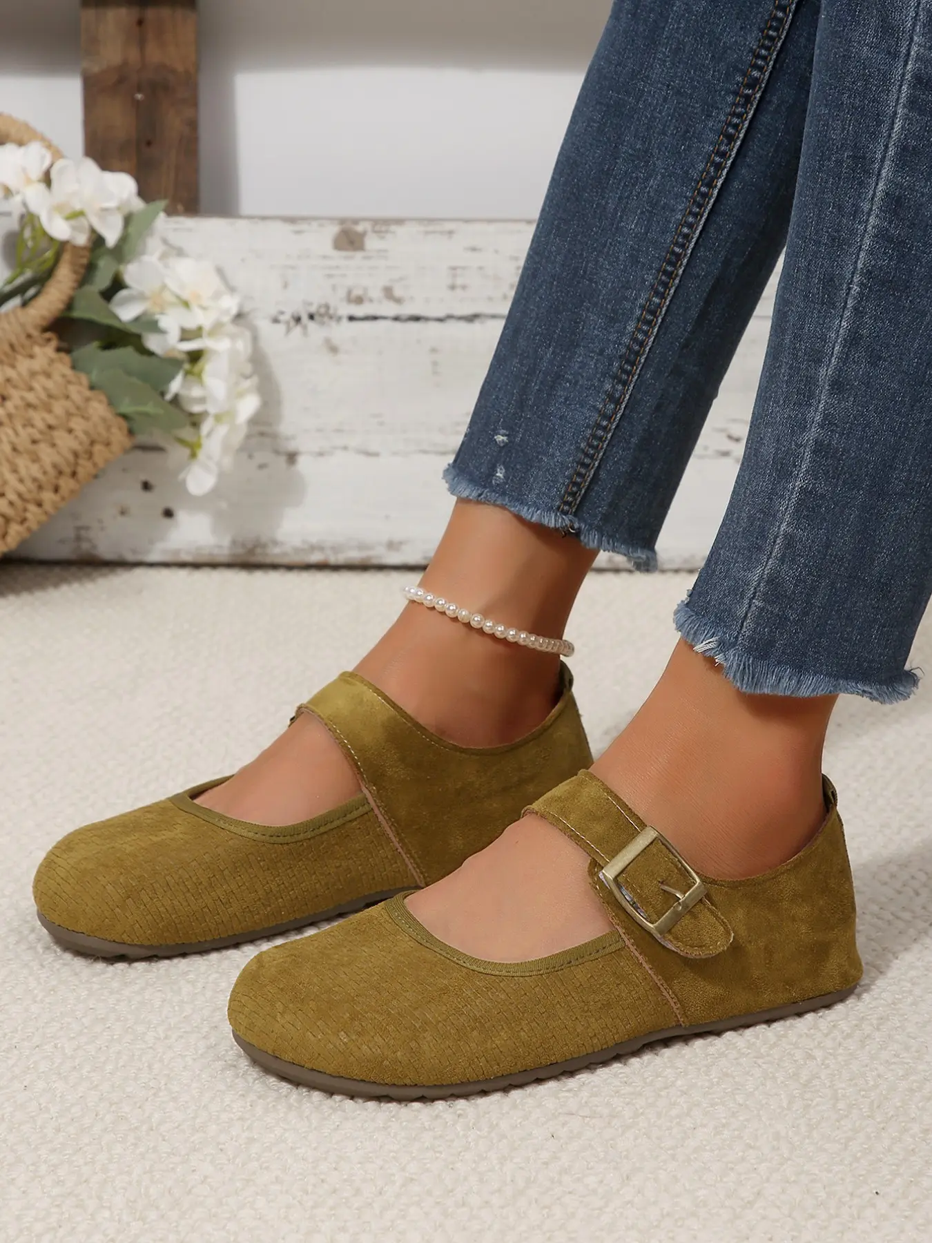 Four-Season Versatile Velvet Mary Jane Birkenstock Shoes, Retro Square Buckle, Adjustable Ankle, Soft Sole, Foldable, Anti-Slip, Casual Footwear