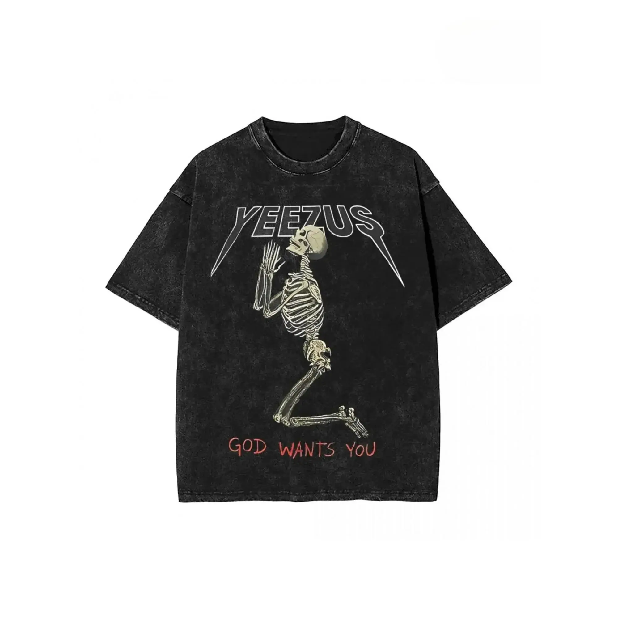 Men's Casual Oversized Washed Cotton Pullover T-Shirt - Round Neck Short Sleeve, Slight Stretch Menswear with Yeezus Album Praying Skeleton Print, Machine Washable, 2XL, 3XL