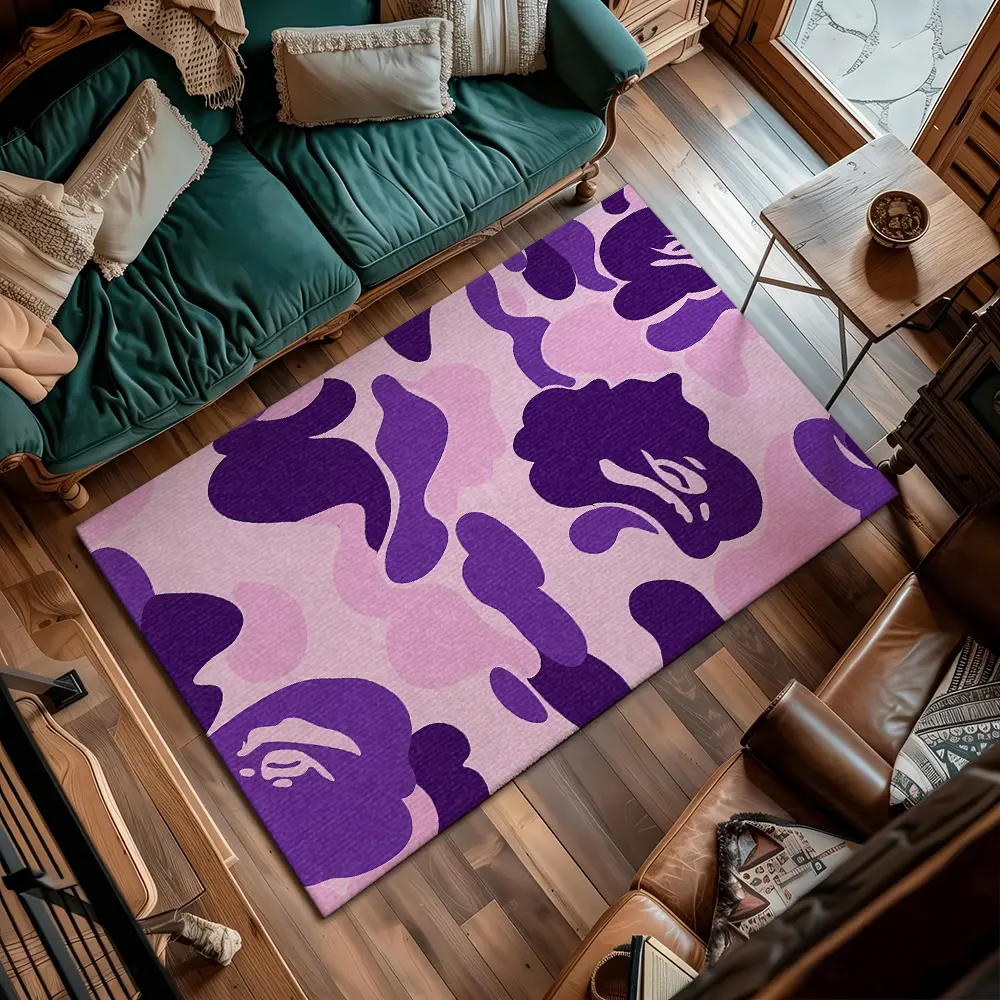 Pink Purple Camouflage Ape Head Print Crystal Velvet Street Hip Hop Fashion Anti Slip Bedroom Living Room Rug #PinkPurpleCamoRug #ApeHeadStreetMat #CrystalVelvetHipHopCarpet #FashionCamouflageHomeDecorMat