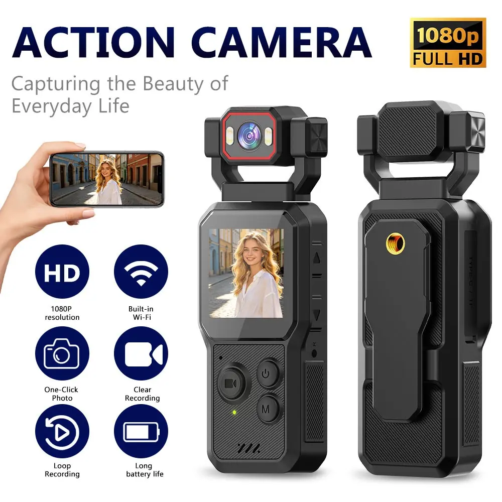 2026 Wearable Pocket Body Cam 1080P FHD Vlogging Recorder, Rotatable Wide Lens 1.54" IPS Screen, AI Motion Tracking, Night Fill Lamp, 1200mAh Battery, WiFi App Remote Control, Max 128GB TF Card, Mini Compact Cam for Outdoor Daily Shoot