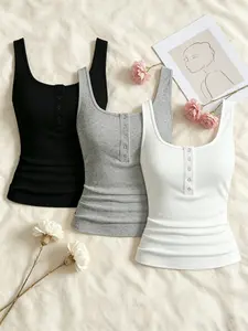Plus Size Summer Henry Neck Button Ribbed Tank Top, Waist Cinch Slim Fit, Casual Sleeveless Inner Outerwear Set of Three Pieces