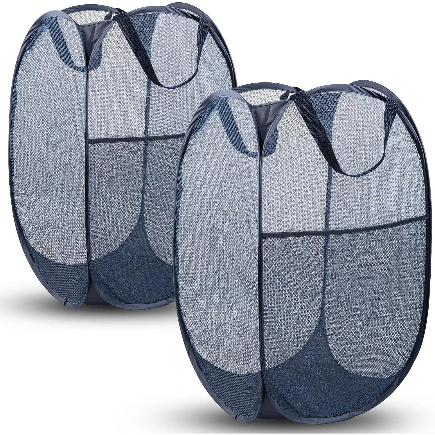 Pop Up Laundry Hamper, 70L Collapsible Mesh Laundry Basket with Side Pocket, Foldable Dirty Clothes Hamper with Sturdy Reinforced Handles for Home Dorm Bedroom Travel Storage, Blue, 2Pack