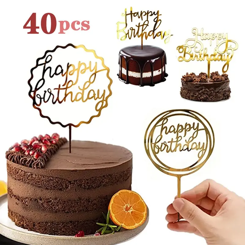 40pcs Birthday Acrylic Cake Toppers, Sparkle Decorations, Modern Letter Shapes, Party Supplies, Creative Baking Accessories