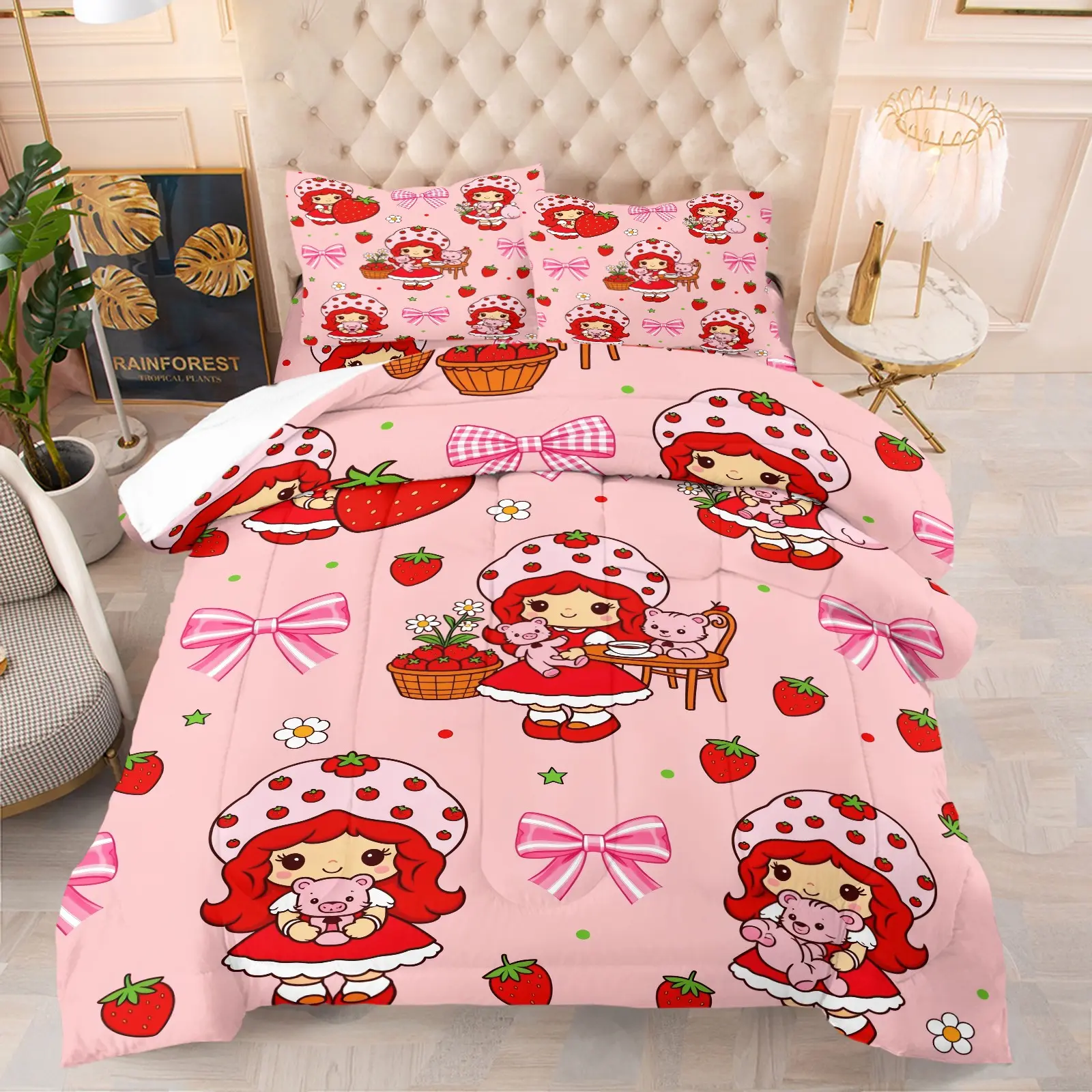 Ideal Gift for Girls Strawberry Shortcake Comforter Set, 1 Comforter +1‑2 Pillowcases, Soft Cozy Washable Microfiber Bedding, All‑Season Quilt, Cute Character Kitten Fruit‑Basket Art Print, Lovely Pink Bedroom Decoration, Twin Full Queen Sizes