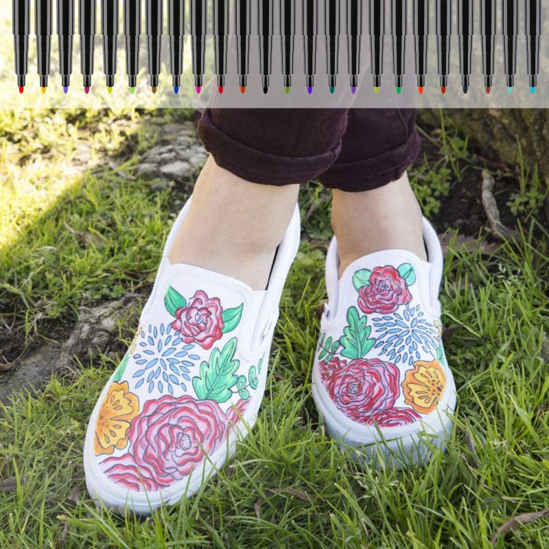 Fabric Markers Permanent For Clothes, 24 Colors Fabric Pens - Waterproof & Machine Washable, No Bleed Pens for T-Shirt, Canvas Shoes, Bags, Pillowcase, Fine Tip Clothing Markers for Laundry Marker, Drawing Markers