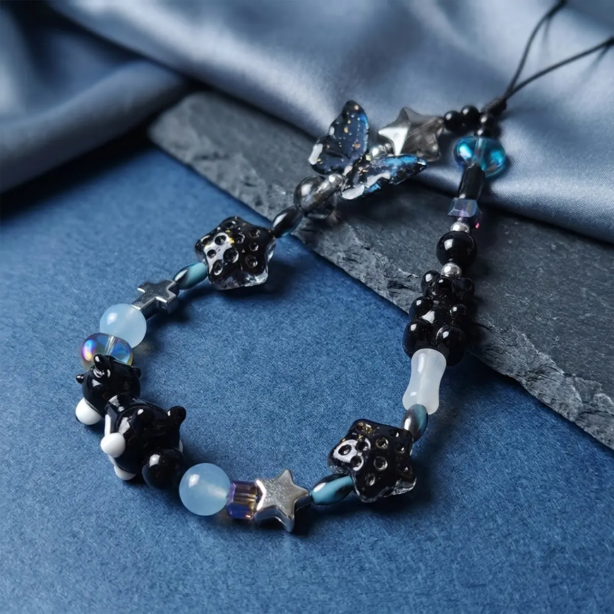 1pc Butterfly Puppy Cross Phone Charm, Beaded Phone Chain, Gothic Crystal Bead Keychain Lanyard Strap With Dog Star Heart Beads Dark Y2K Bag Charm For Phone Case Camera Backpack Women Gift