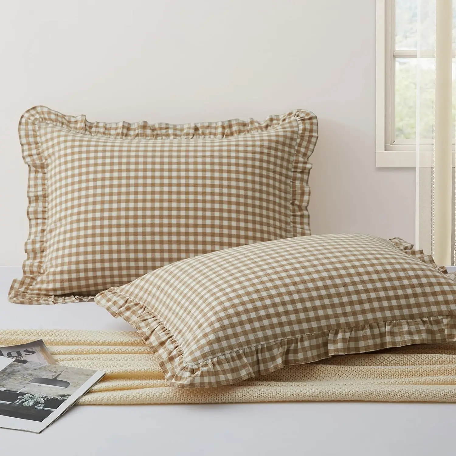 KKJIAF 2 Pcs Plaid Ruffle Pillow Case Standard, Taupe Plaid Pillow Shams | Ruffled Gingham Cotton Pillowcases 20x26 Inch, Linen Feel Plaid Bed Pillow Shams with Envelope Closure for Sofa Bed