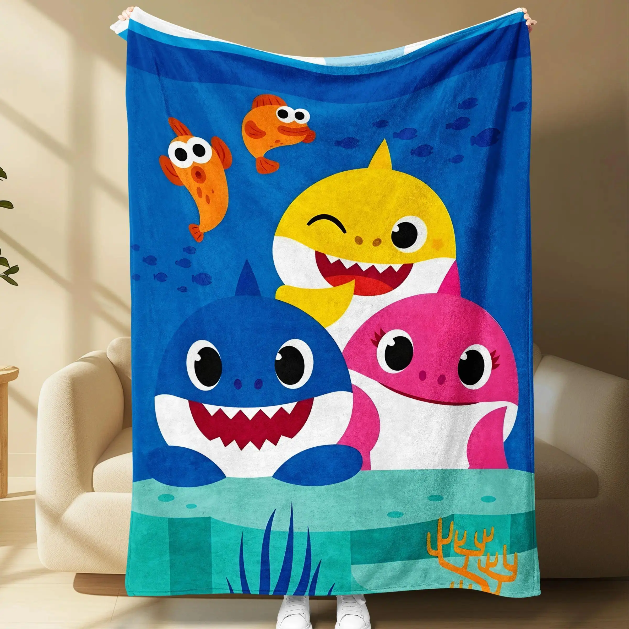 1pc Baby Shark Flannel Blanket Soft All-Season Kids Throw Blankets Cooling Blankets Cooling Blanket Duvet Bedding Bed Accessories Comforter Set Cozy Bedding Cover Lightweight Multi-Scene for Sofa Naps Travel Bedroom Home Christmas Halloween Holiday Gift f