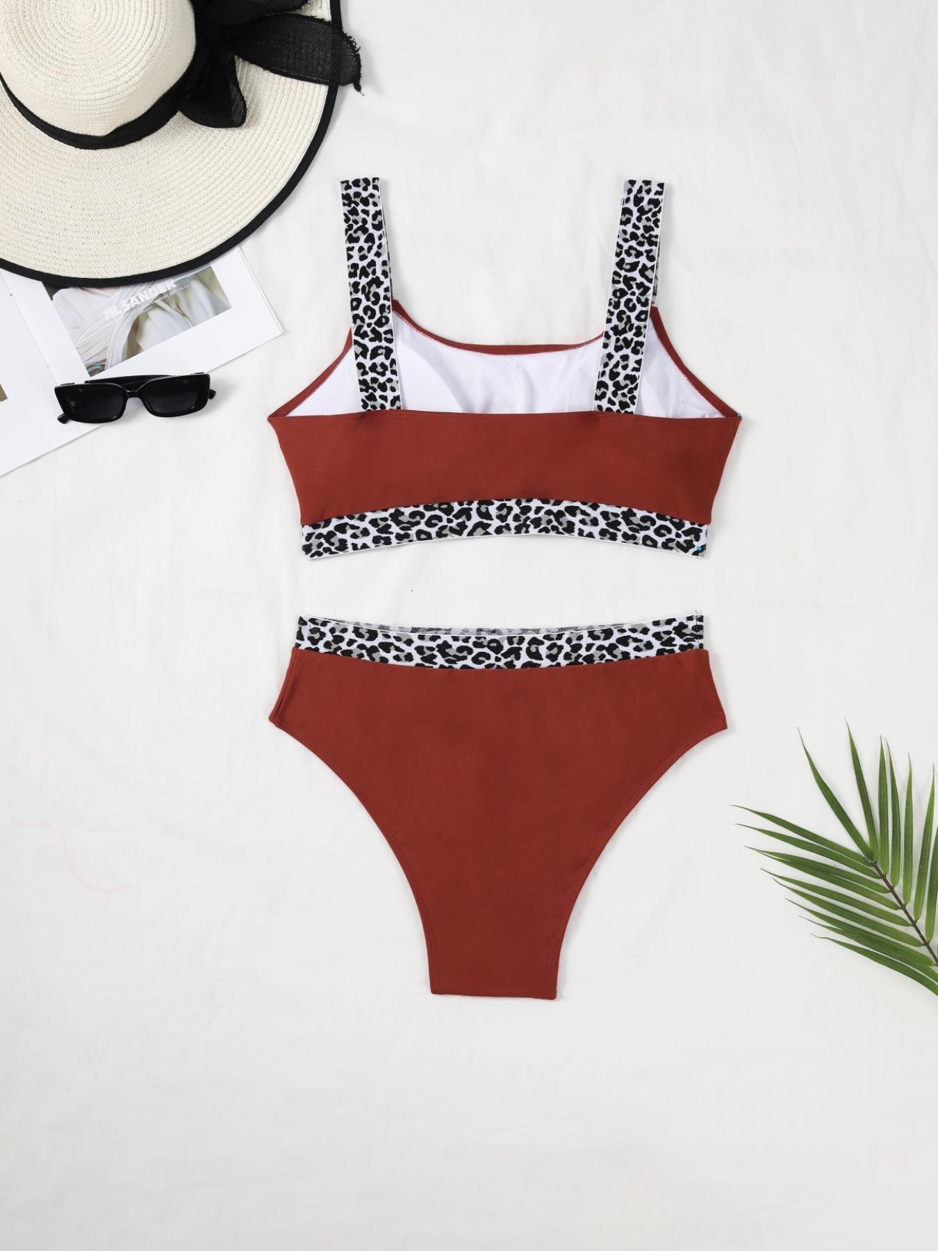Plus Leopard Patchwork Print Tape Waist Swimsuit, Summer Clothes Women, Women's Casual Comfy Breathable High Stretch Swimwear for Summer, Swim Tankini Tops, High Rise Swimwear