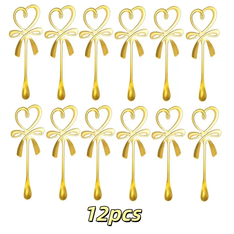 12 Pcs Heart Bowknot Stainless Steel Stirrers, Elegant Geometric Design, Portable Coffee Tea Sweetener Spoons, Perfect for Weddings & Home Use