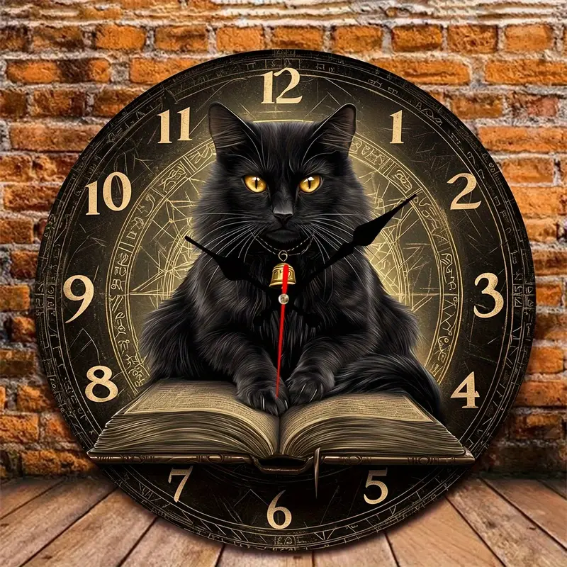 1 Gothic Black Cat and Open Book Design Round Wall Clock - 9.84inch Silent Non-Ticking Quartz Movement, Gold Hands and Red Second Hand, Battery Operated (AA Batteries Not Included) - Elegant Dark Brown Dial, Suitable for Home, Bedroom, Bathroom