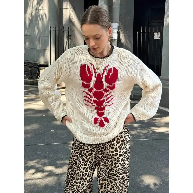New2026Women's Cartoon Lobster Print Drop Shoulder Sweater, Casual Long Sleeve Round Neck Jumper for Fall & Winter, Fashion Ladies' Knitwear for Daily Wear, Longsleeves Tops for Women, Womenswear(Gift)11
