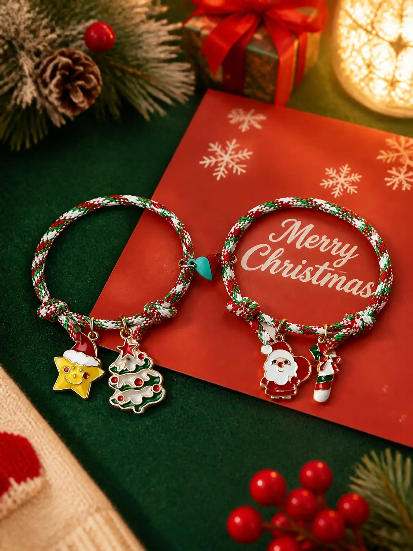 Christmas Bracelet for Women, Adjustable Red Green Cord Charm Bracelet, Cute Xmas Holiday Jewelry with Santa Snowman Reindeer Charms, Christmas Gift