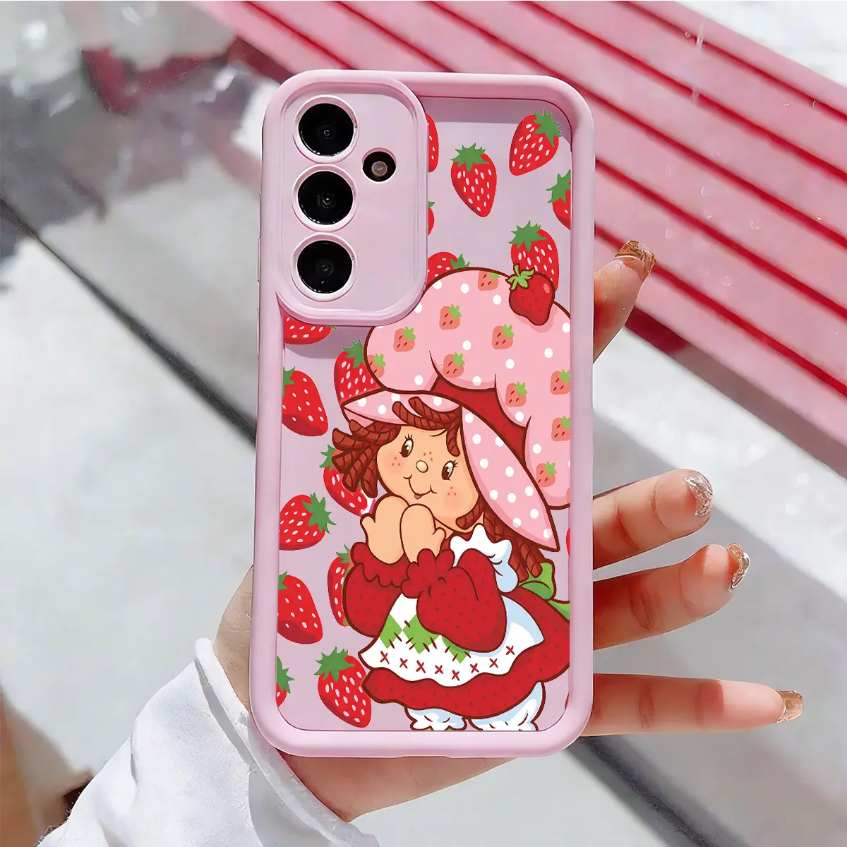 Retro Cute Pink Strawberry Shortcake Pattern Phone Case, Enhanced Camera Protection,Shockproof Skin-Friendly Touch Soft Cover for Samsung Galaxy S21 S22 S23 S24 S25 S26 Ultra Plus FE A13 A14 A15 A16 A17 A33 A34 A35 A36 A52 A53 A54 Note20, Y2K Gift