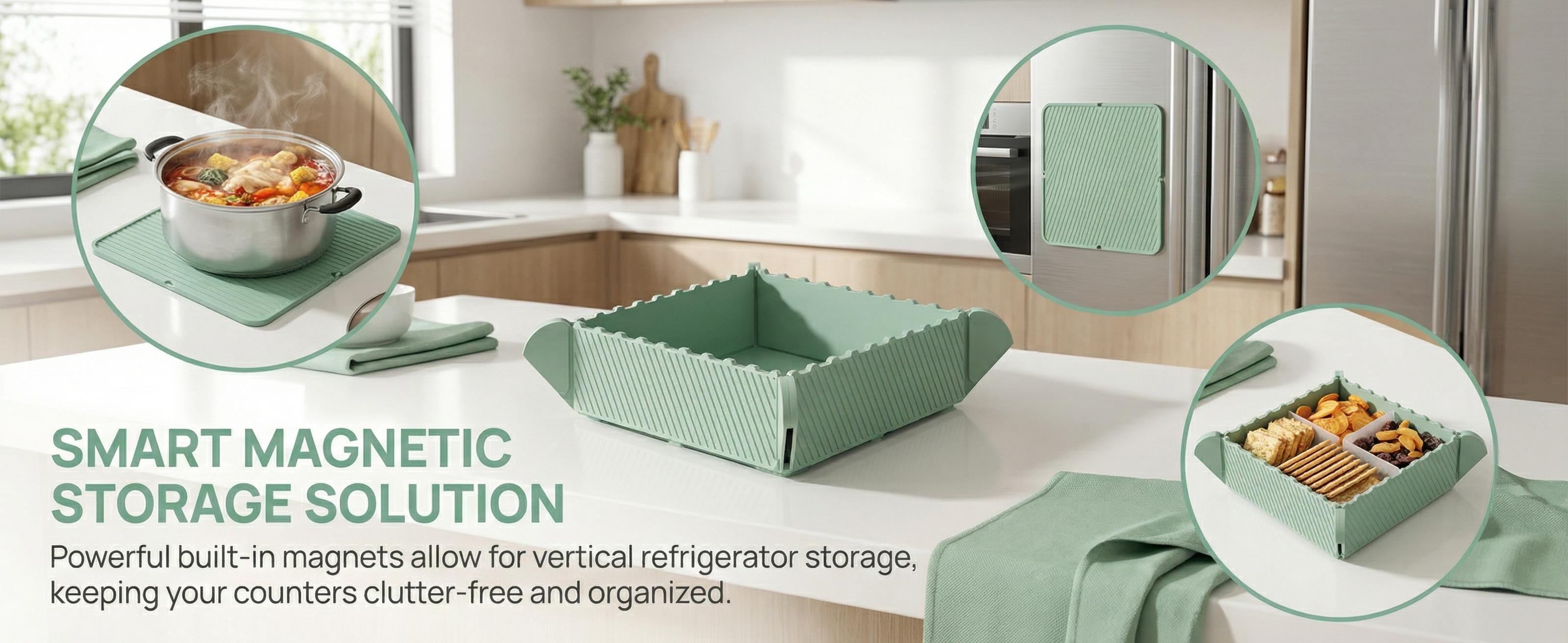 2-in-1 Magnetic Silicone Mat & Foldable Serving Tray, Non-Slip Heat Resistant Waterproof Food Grade Multi-Use Portable Serving Platter for Kitchen Counter Coffee Table Snack Dessert Random color.