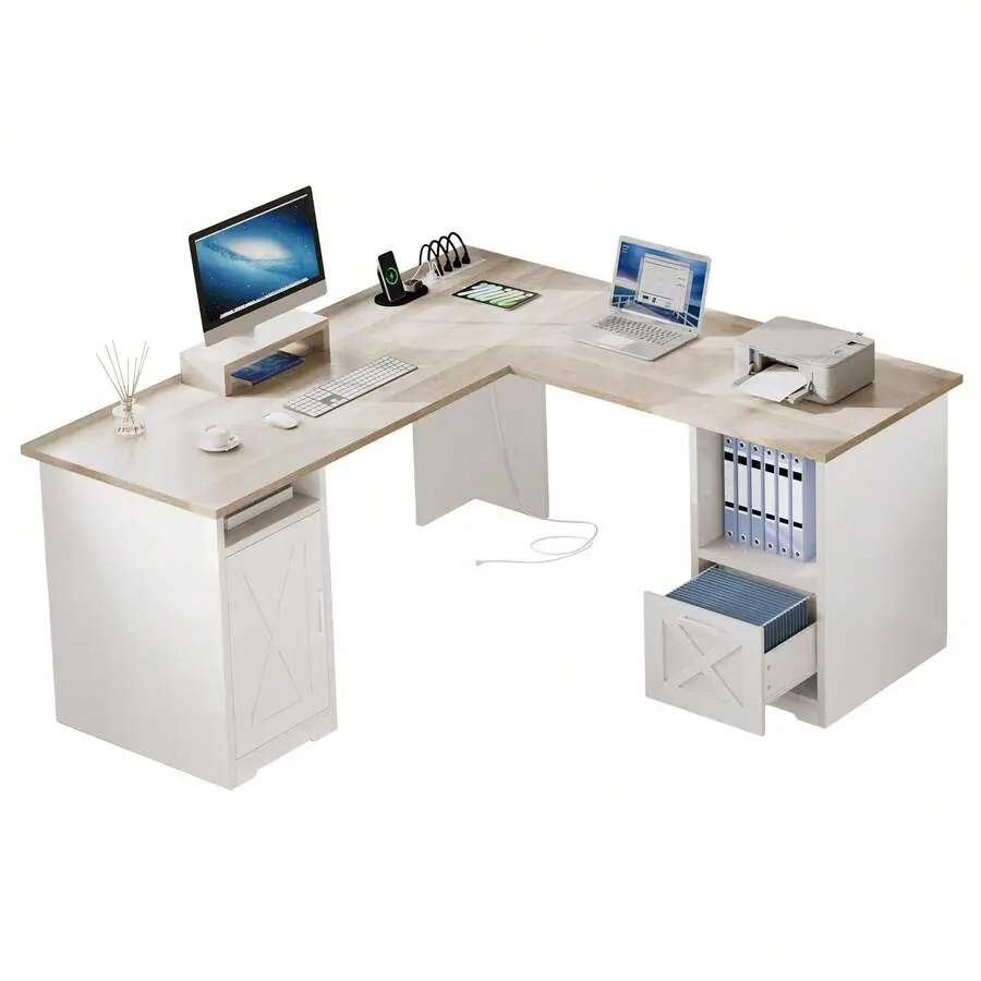 Natural L Shaped Desk With Power Outlets 60 Inch Computer Desk Corner Desk With File Drawer  Home Office Desk With Monitor Stand & Storage Shelves