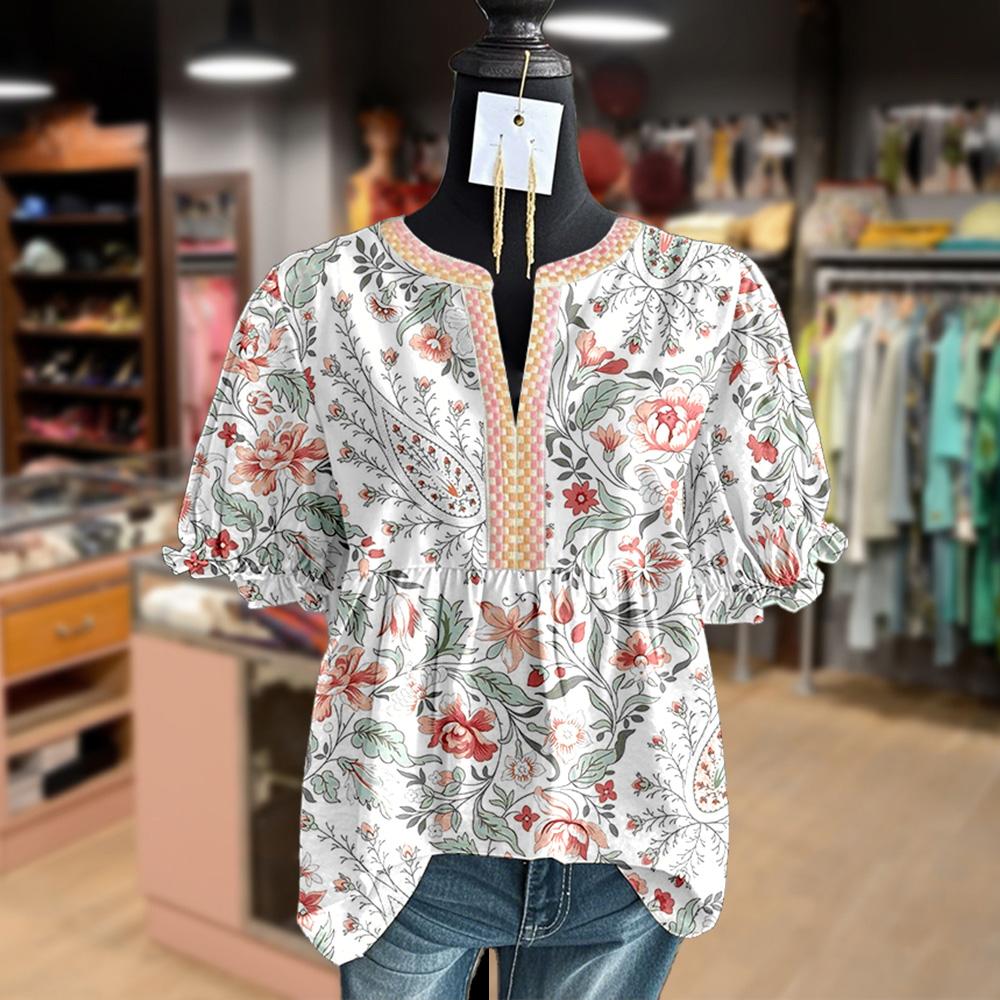 Embroidery Vintgae Floral Print Puff Sleeve Top Bohemian Womenswear Blouse Casual cute tops going tops women's summer outfits cute summer outfit Checkered Fluffy Ruffled flowy tops casual summer tops boho plus size tops Paisley Shirts Outdoorf