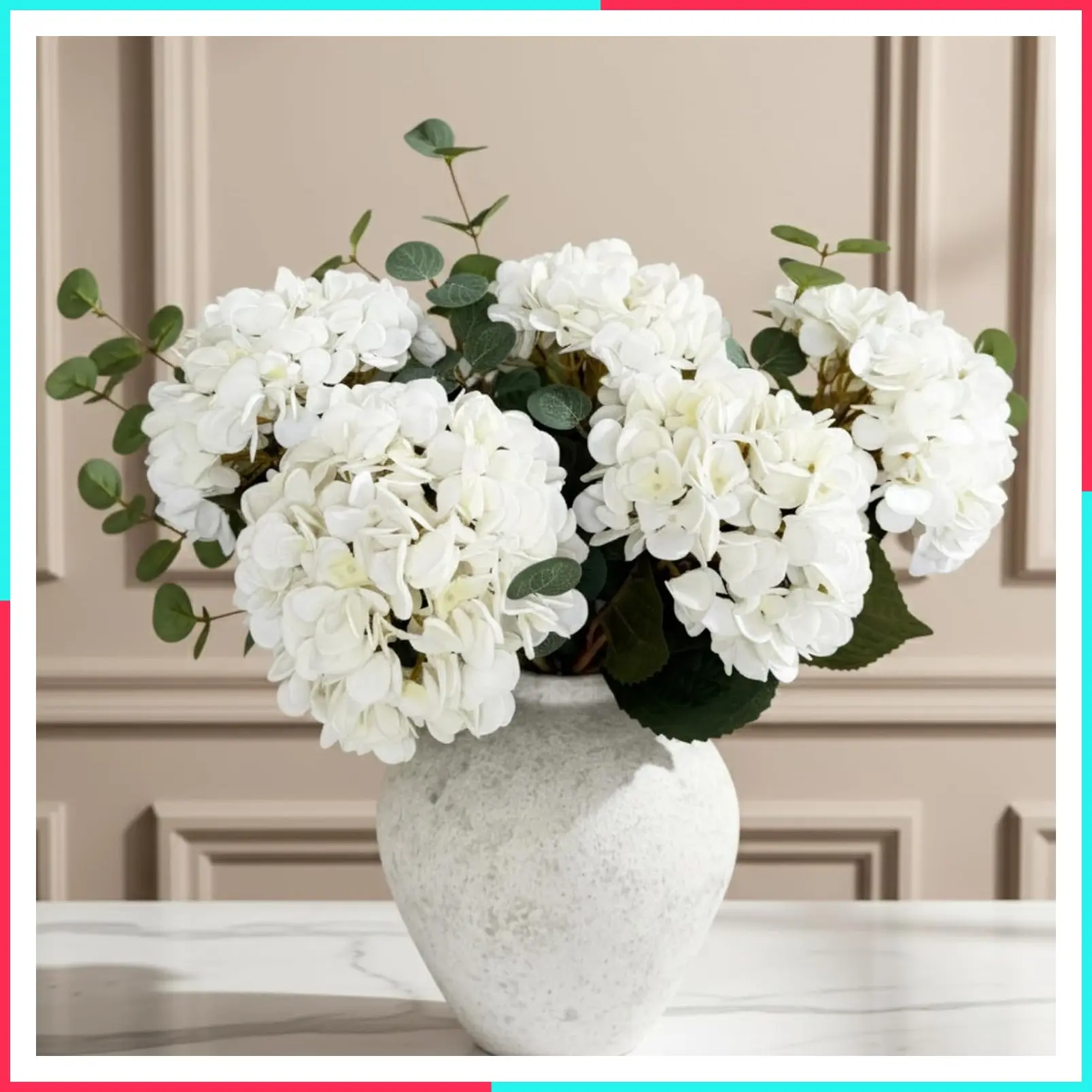 White Faux Hydrangea and Eucalyptus Arrangement, Hyper Realistic Artificial Flowers, Centerpiece for Kitchen Dining Coffee Table Decor, Vase Not Included