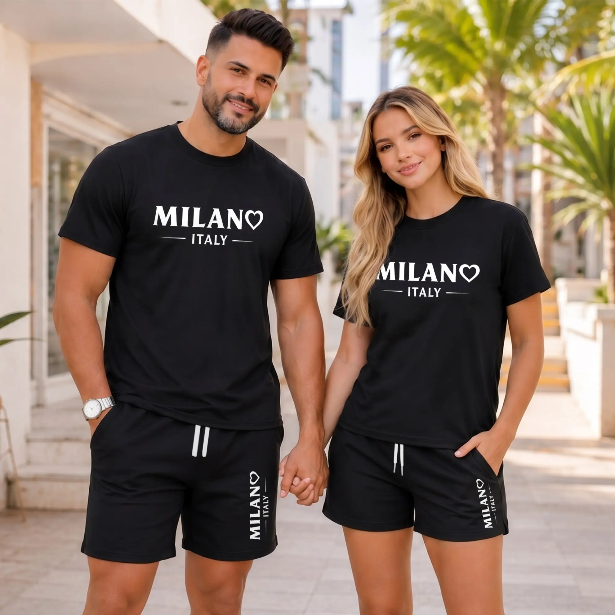 Couples Matching Milano Italy Graphic T-Shirt and Shorts Set, Heart Letter Print Summer Two Piece Outfit, Casual Short Sleeve Tee and Drawstring Shorts for Vacation, Streetwear, Travel, Date, Daily Wear