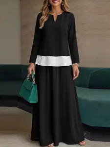 Women's Casual Colorblock Matching Set, Outfit, V Neck Long Sleeve Patchwork Hoodie Top, High Waist Skirt Design, Fitted, All Seasons, Daily Commute, Womenswear, Clothes