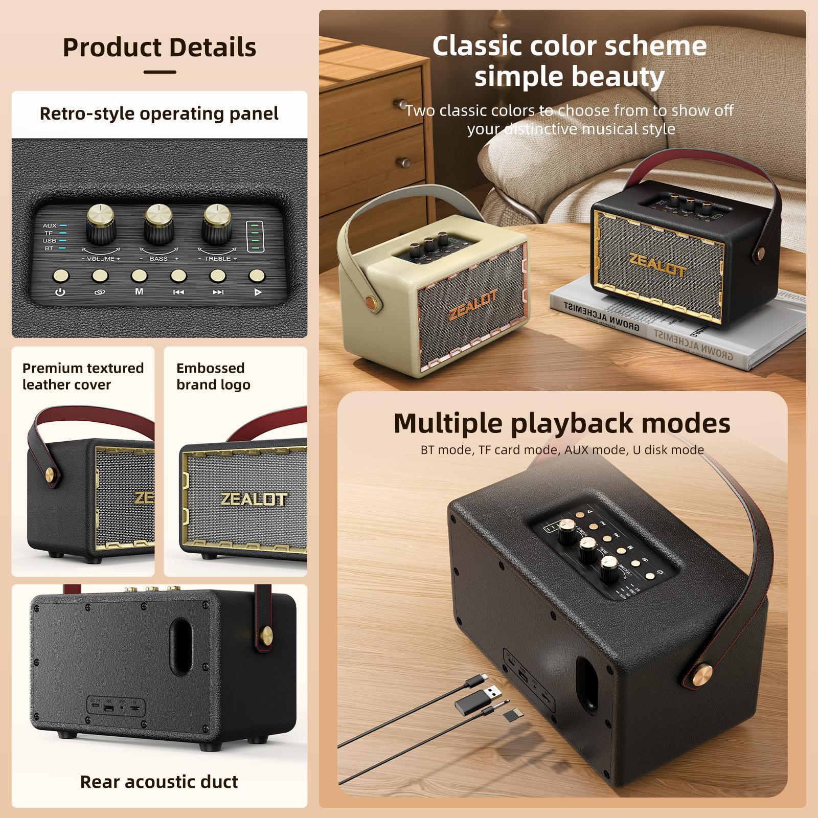 ZEALOT MT01 60W Wireless Speaker, Rechargeable Portable Bluetooth-compatible Speaker with DSP Technology, Stereo Sound Speaker for Home, Car, Outdoor, Camping, Audio