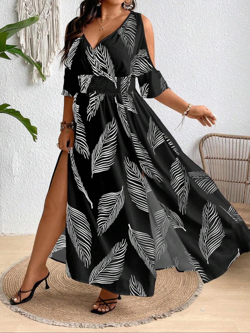 【Plus Size】 All Over Print Split Hem Dress Casual Cold Shoulder Dress for Summer, Women's Clothes for Daily Wear, Casual Classy Dress, Bohemian Dresses