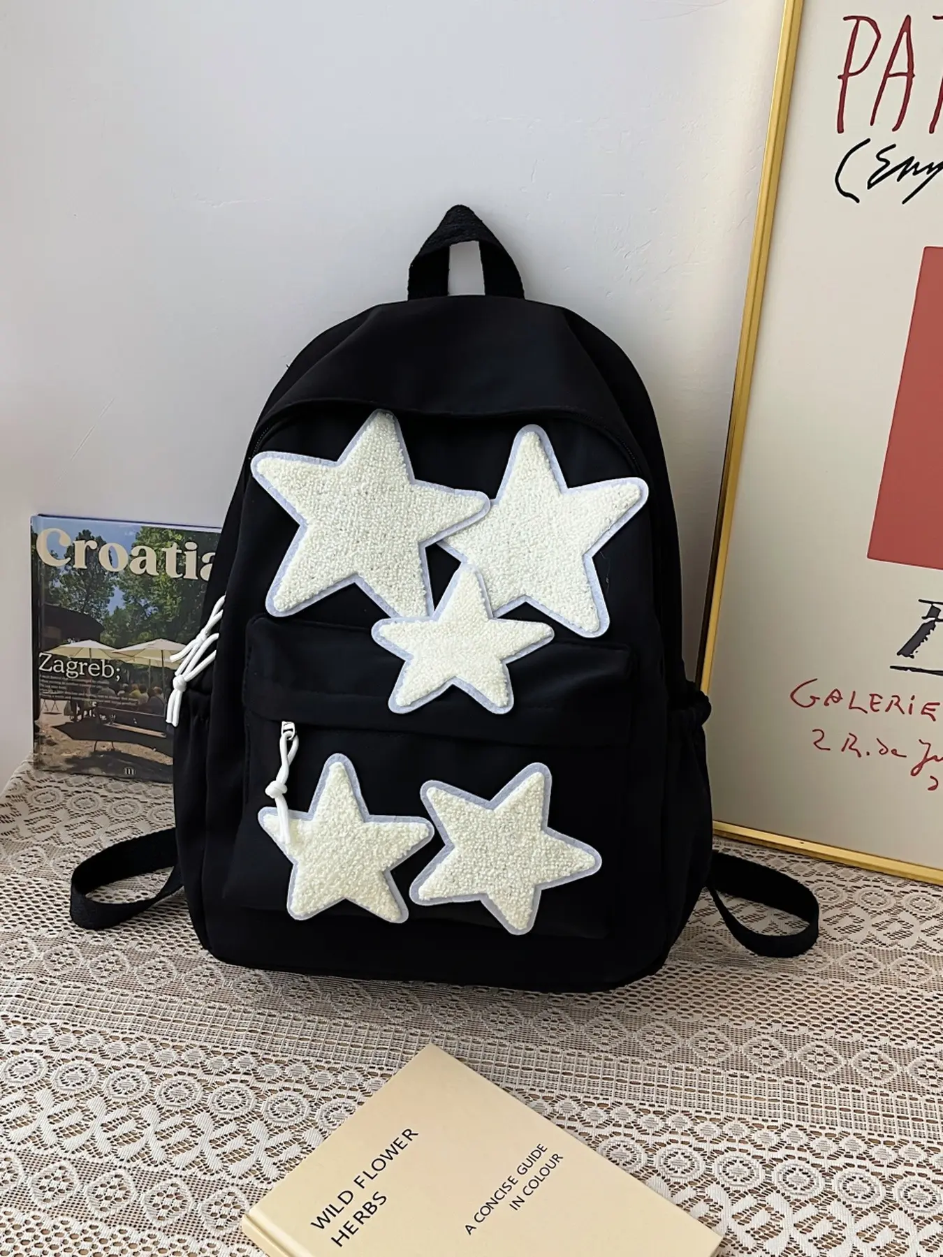 Cute Plush Star Decoration Backpack for Women, Lightweight Canvas Casual Daypack, Available in Black Red Blue, Perfect for School Daily Commute and Weekend Getaway, Backpack for Travel