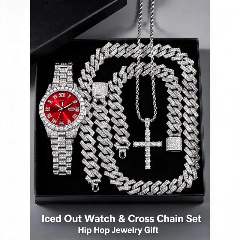 Unisex 5-Piece Trendy Alloy Accessory Set, Includes Watch, Cross Necklace & Bracelet with Sparkling Rhinestone Accents, Adjustable Band, Bold Statement Jewelry Kit, Ideal Gift for Boyfriend & Daily Everyday Wear