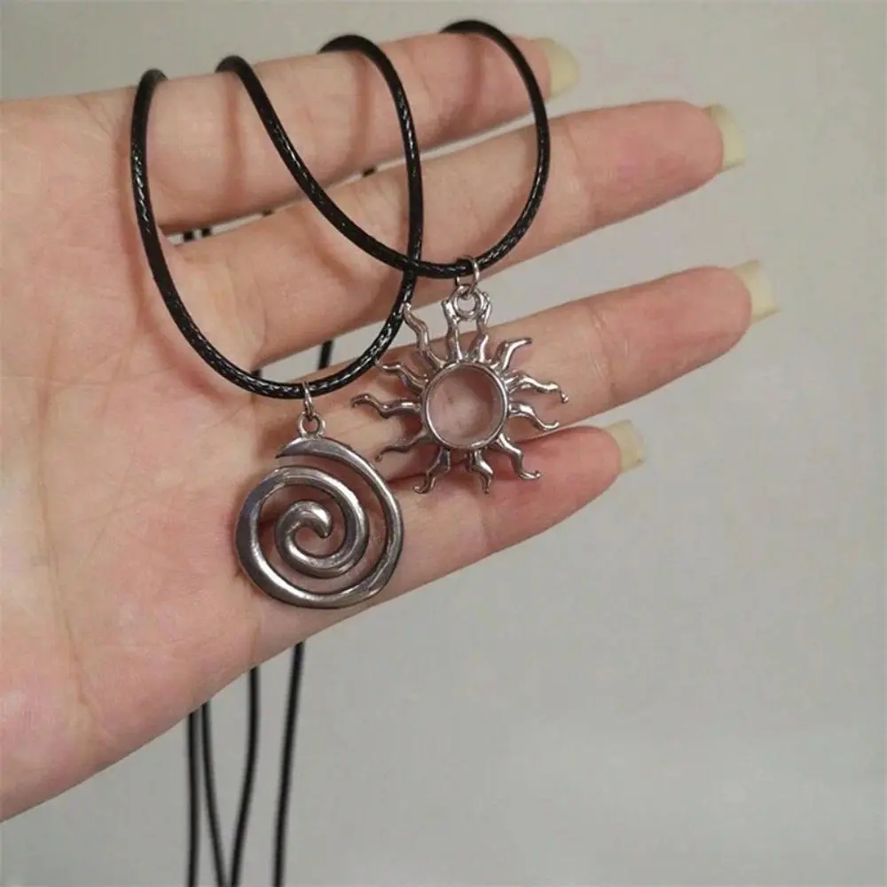 New Hip Hop Burning Sun Pendant Leather Rope Necklace Retro Whirlpool Geometry Necklace Cool Trendy Boys and Girls