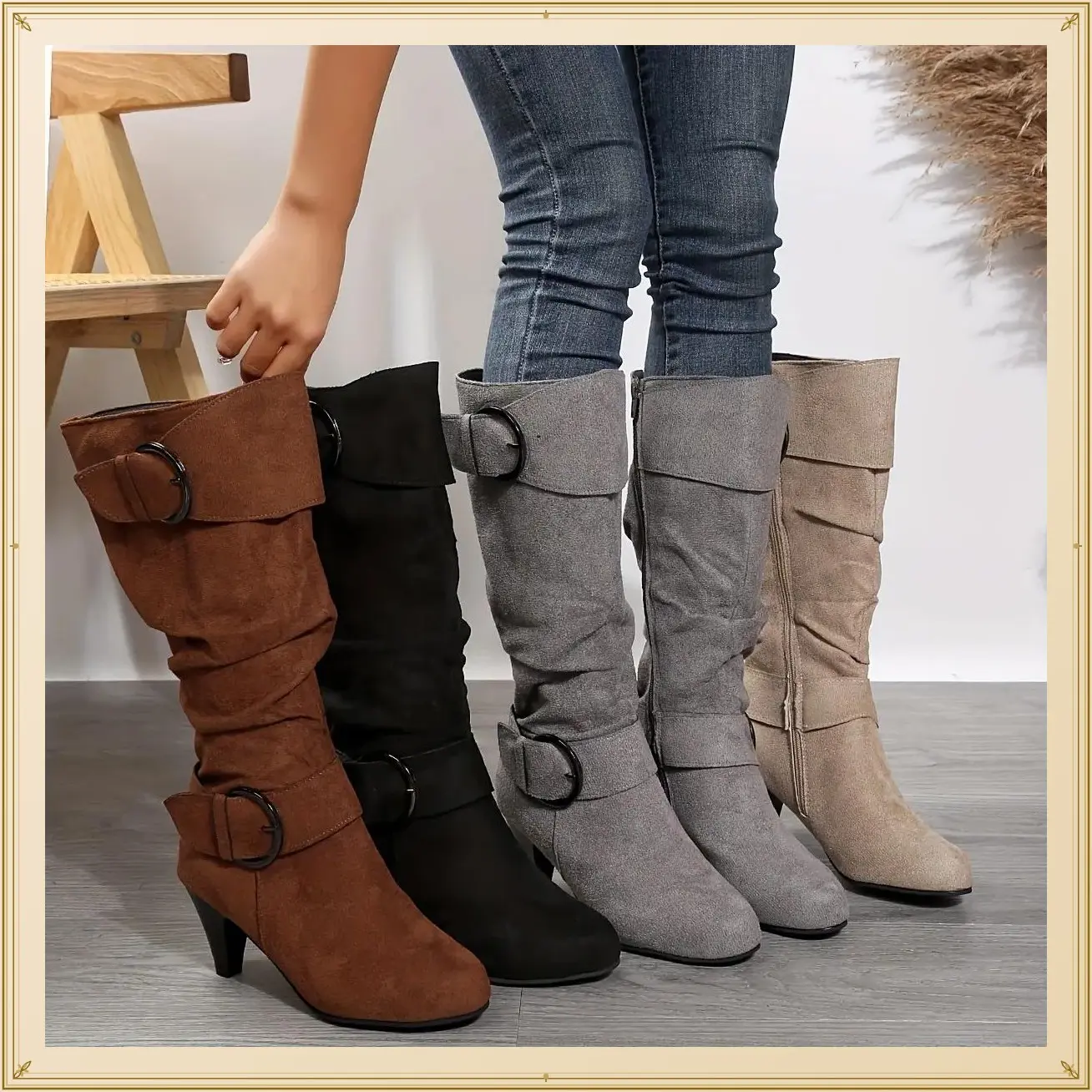 Women's Slouch Knee High Boots, Buckle Strap Side Zipper High Heeled Boots, Comfortable Suedette Long Boots