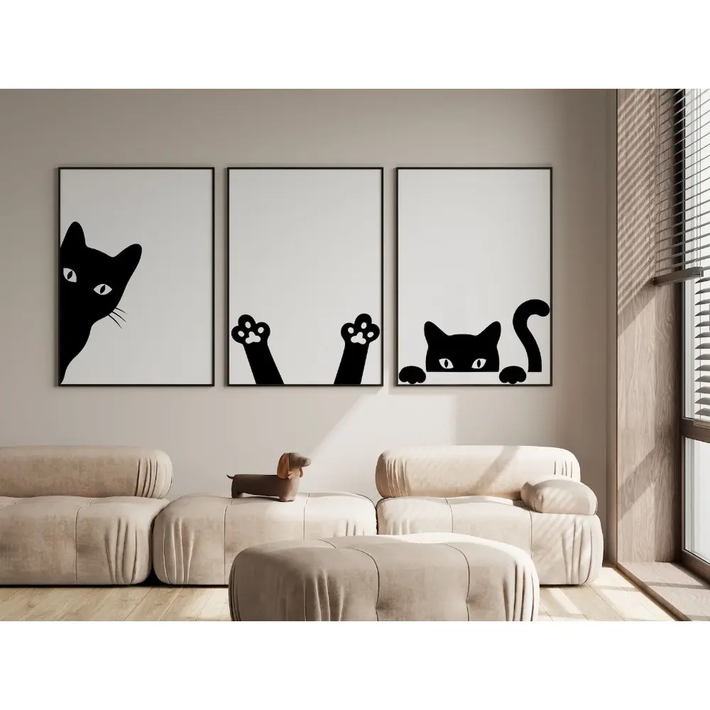 2D Flat 3pcs/set Unframed Wall Art,Cat Illustration Art Print,Canvas Painting, Poster Print, Artwork Wall Painting for Gift, Bedroom, Office, Living Room, Home Decoration, Gift for Valentine's Day