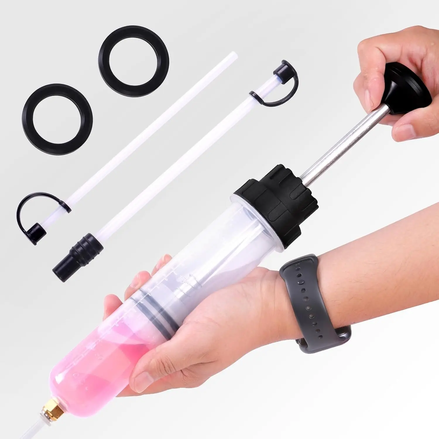 Manual Fluid Extraction and Filling Pump 200cc 7oz Multi-Purpose Syringe Suction Gun for Oil Brake Fluid Coolant and Gear Lube with Extension Hoses