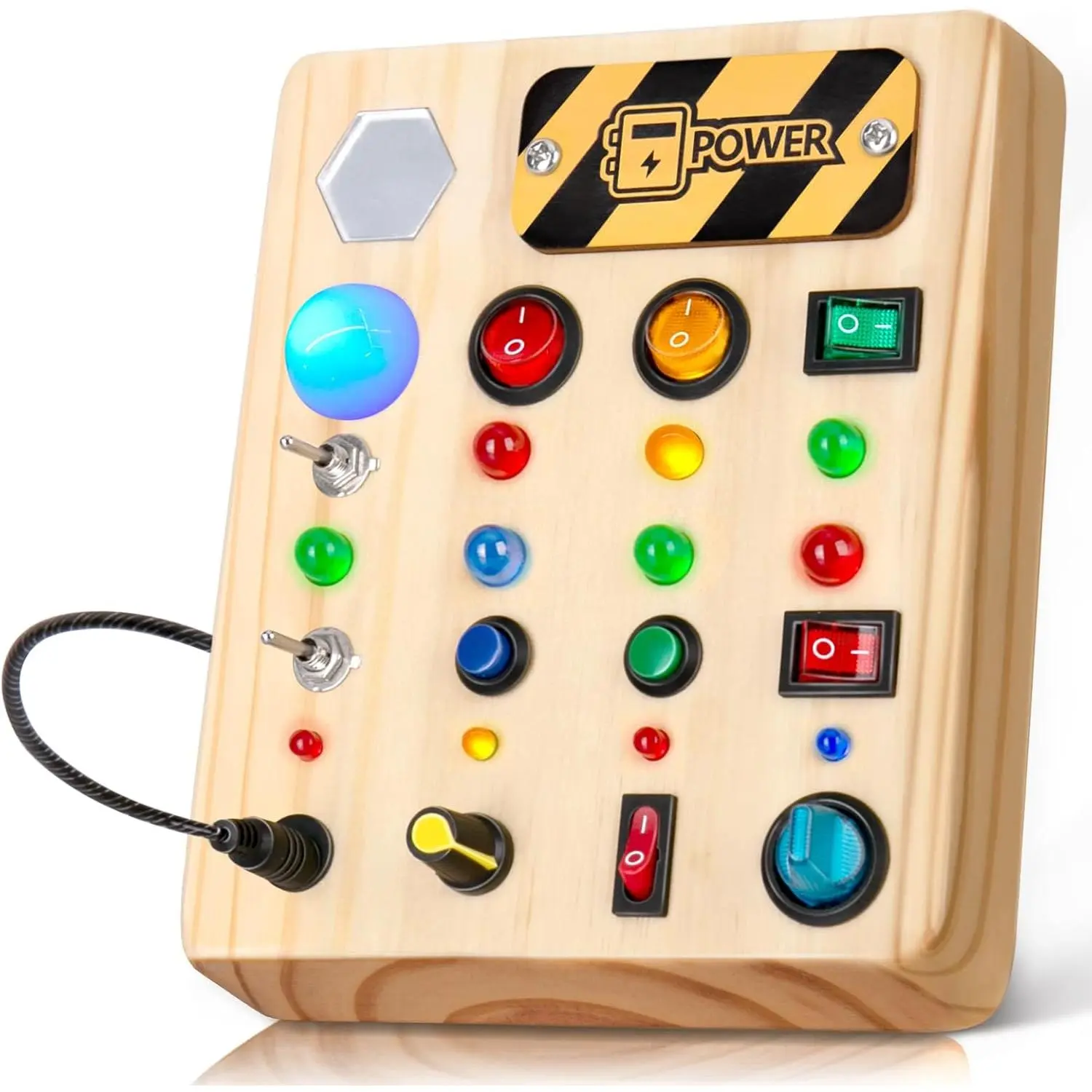Imported Durable & Child-Safe Wooden Montessori LED Busy Board for Unisex Toddlers - LED Lights, Light-Up Sensory Fun, Shape Sorter, Switch Toy, Mirror, Plugs, Holiday Plane Travel Activity