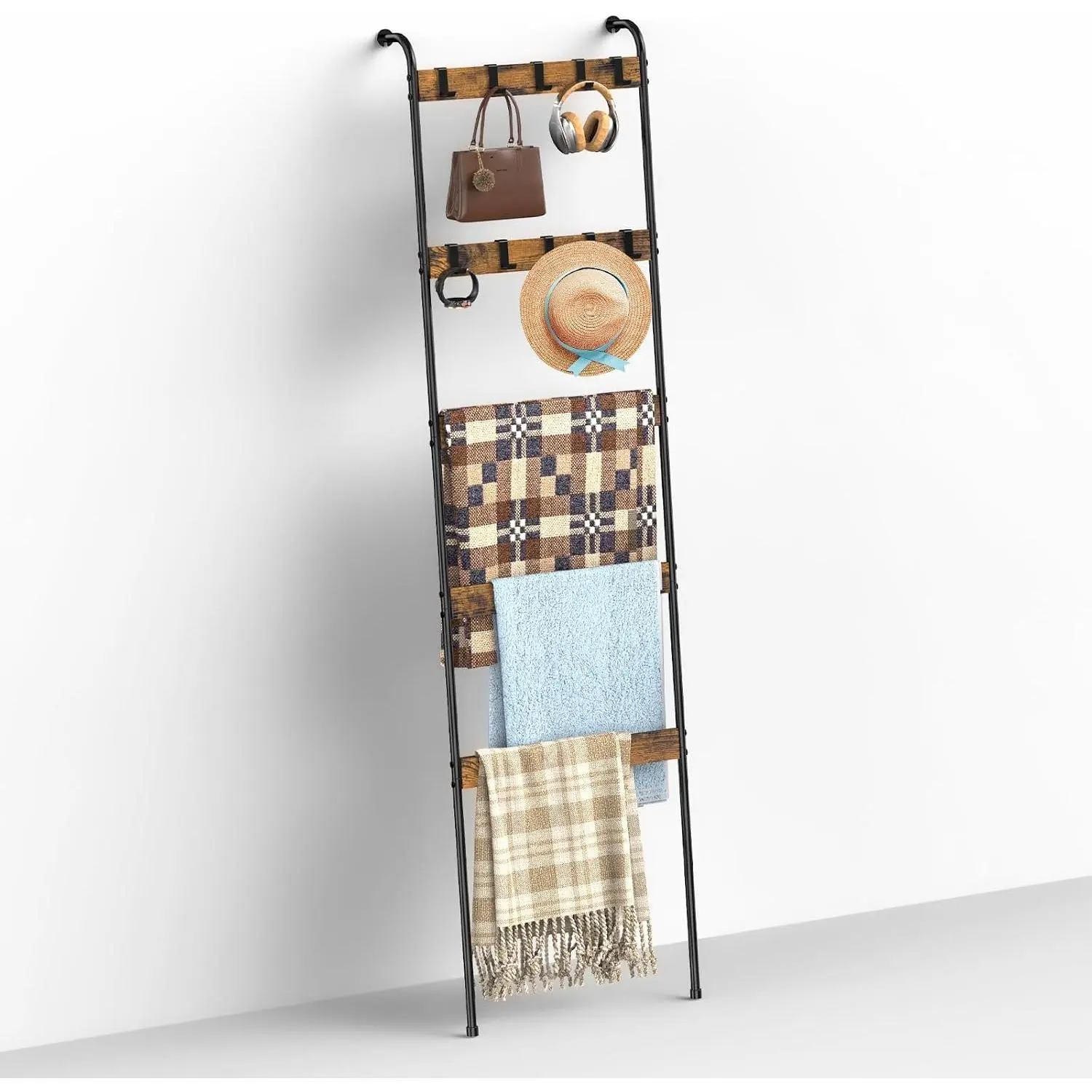 Rustic Brown 5-Tier Multi-Use Ladder Rack - Felt, Smooth, Synthetic, Durable Bathroom Towel Ladder with 10 Removable Hooks, Wall-Leaning Living Room Blanket Rack, Bedroom Quilt Display (Easy Installation)