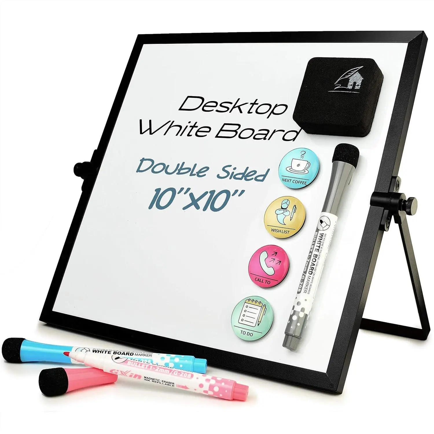 Double-Sided 10"x10" Desktop Dry Erase White Board with Black Frame, Stand, 3 Markers, 4 Magnets & Eraser - Portable Mini Office Stationery for Desk, School