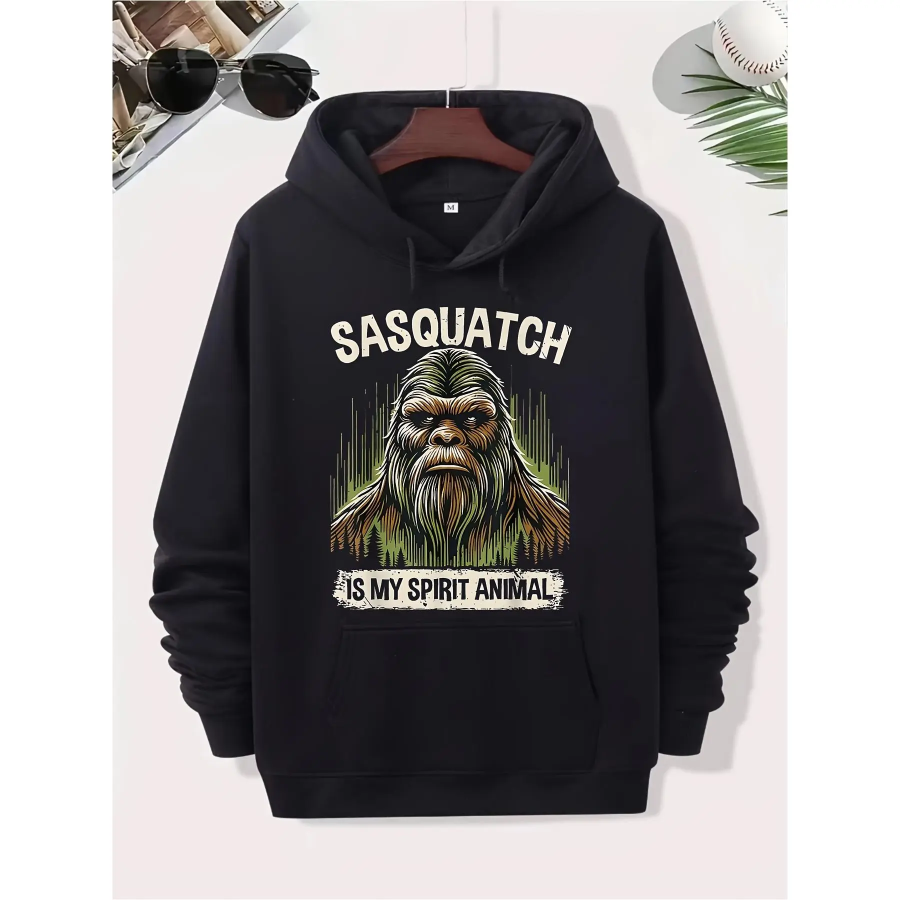 1pc Men's Sasquatch Hoodie - Graphic Print with Pocket, Funny Cryptid Streetwear Sweatshirt, Durable -Themed Apparel for Cryptozoology Fans & Sasquatch Hunters (Casual Wear)
