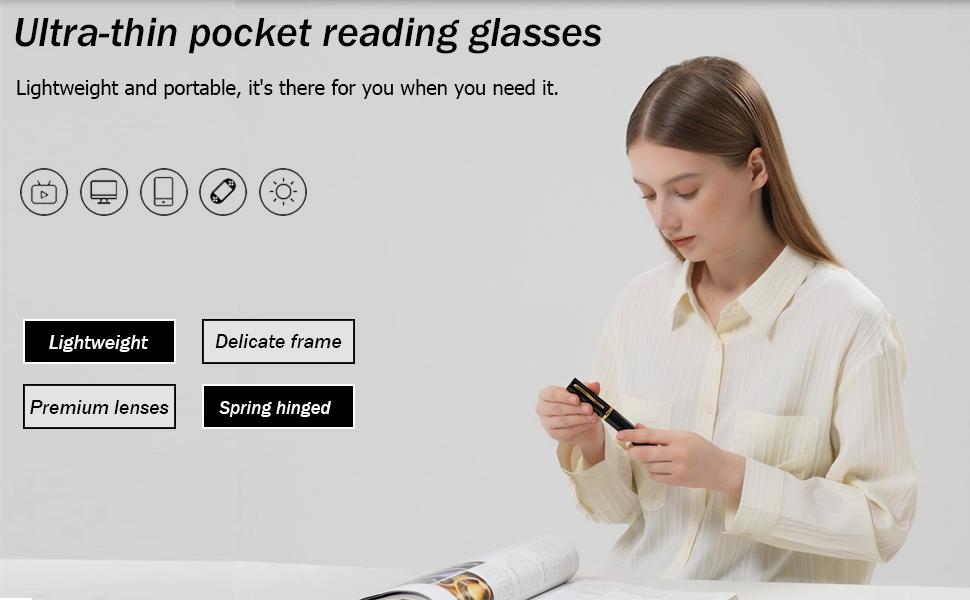 2 Pairs Mini Reading Glasses Compact Spring Hinged Slim Pocket Readers with Pen Clip for Easy Carry +1.5, 2 Pack(black/Grey)